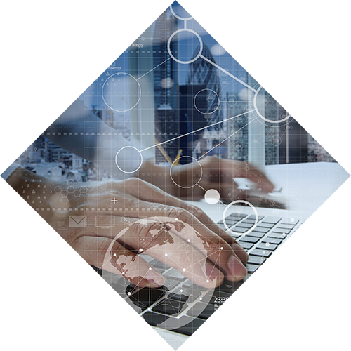 hands typing on a keyboard with graphic overlay